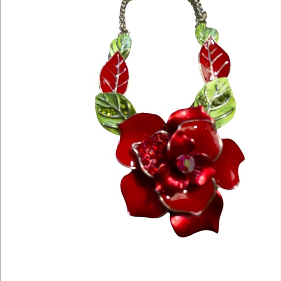 Beautiful Rose Statement Necklace with Red & Green Rhinestones - Picture 3 of 4